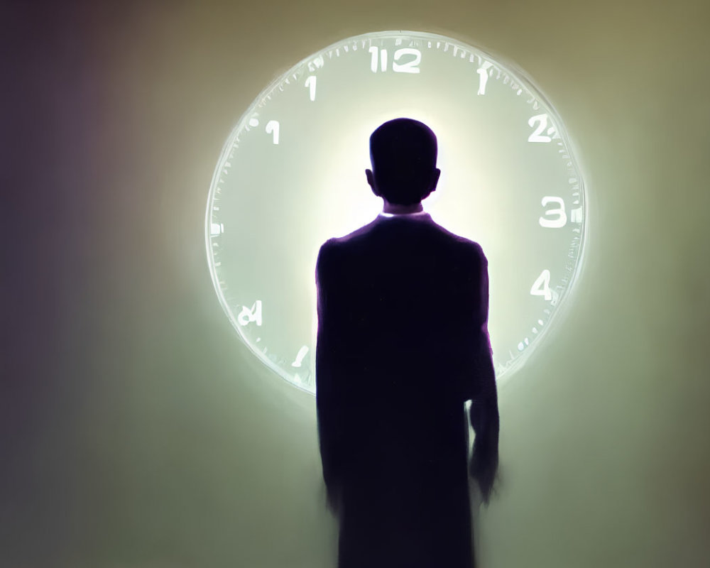 Silhouetted figure in front of glowing circular clock face