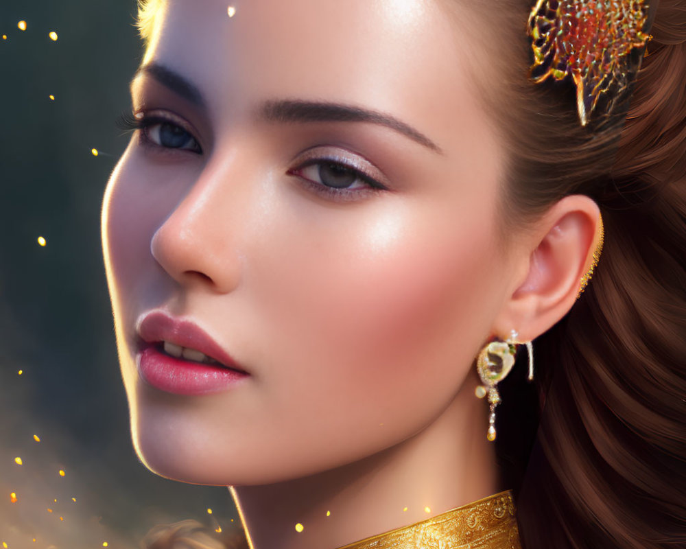 Digital portrait of a woman with glowing skin and golden jewelry