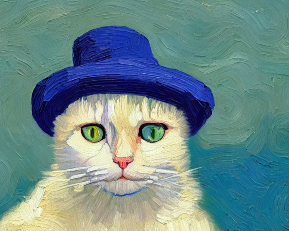 Digitally altered Vincent van Gogh style painting of a cat with green eyes and blue hat on swirling