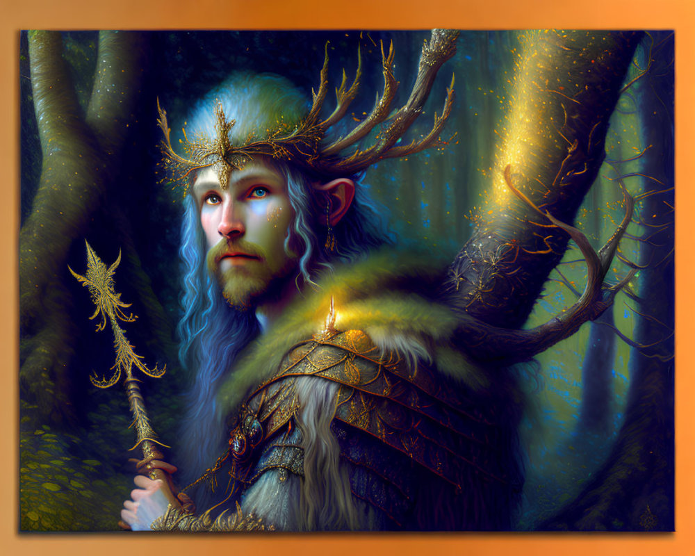 Enchanting elf-like figure in intricate armor against forest backdrop