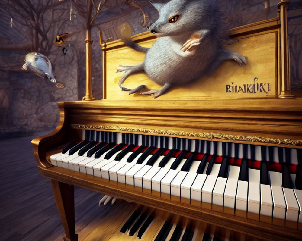 Fluffy gray mouse playing grand piano with flying companion in whimsical forest