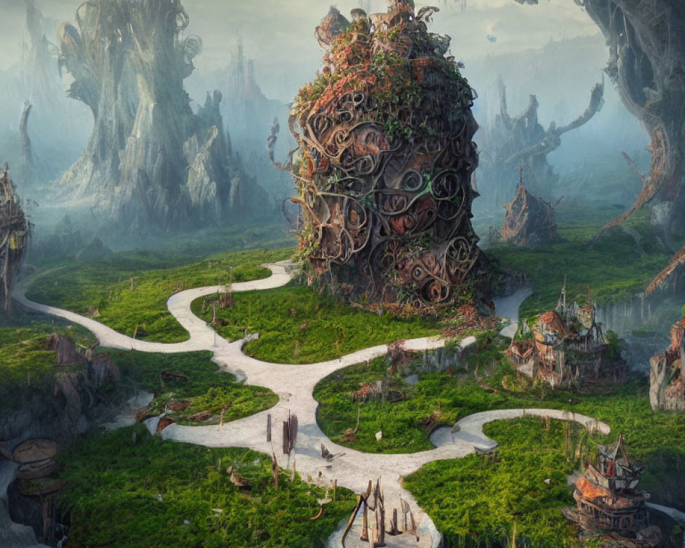 Fantastical landscape with winding path, towering organic structure, floating islands, and misty mountains