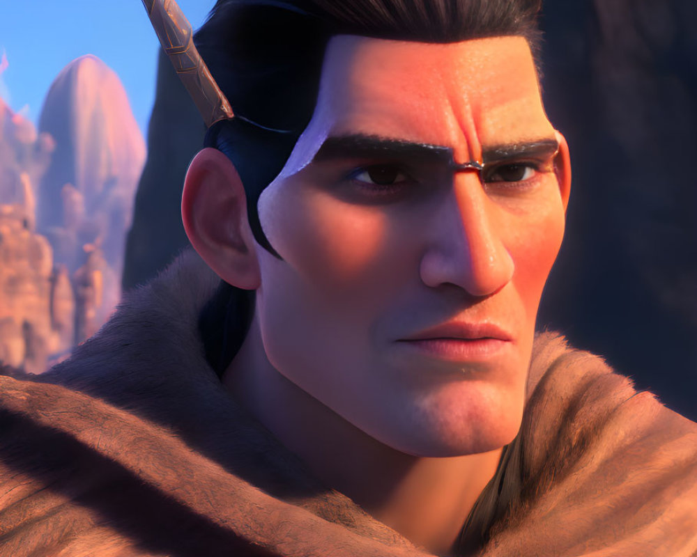 Male character with stern expression in fur cloak and horn - 3D render