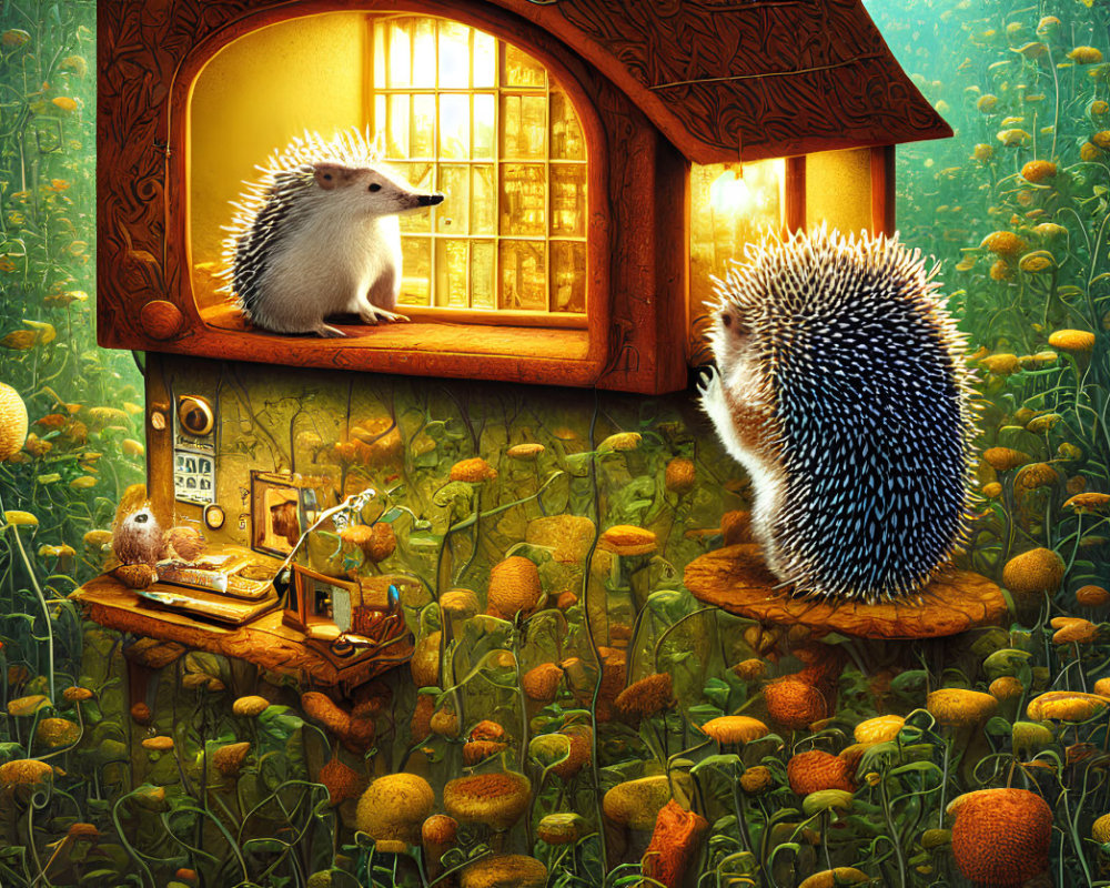 Illustration of hedgehogs in lantern-lit dandelion field, one in cozy house,