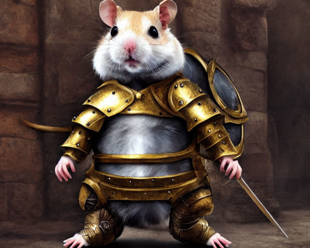 Digital artwork: Mouse in golden armor with sword and shield on stone backdrop