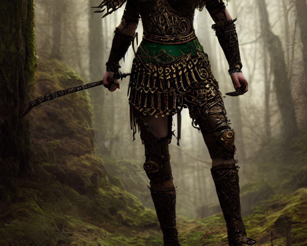 Warrior in Feathered Headdress with Chain Weapon in Misty Forest