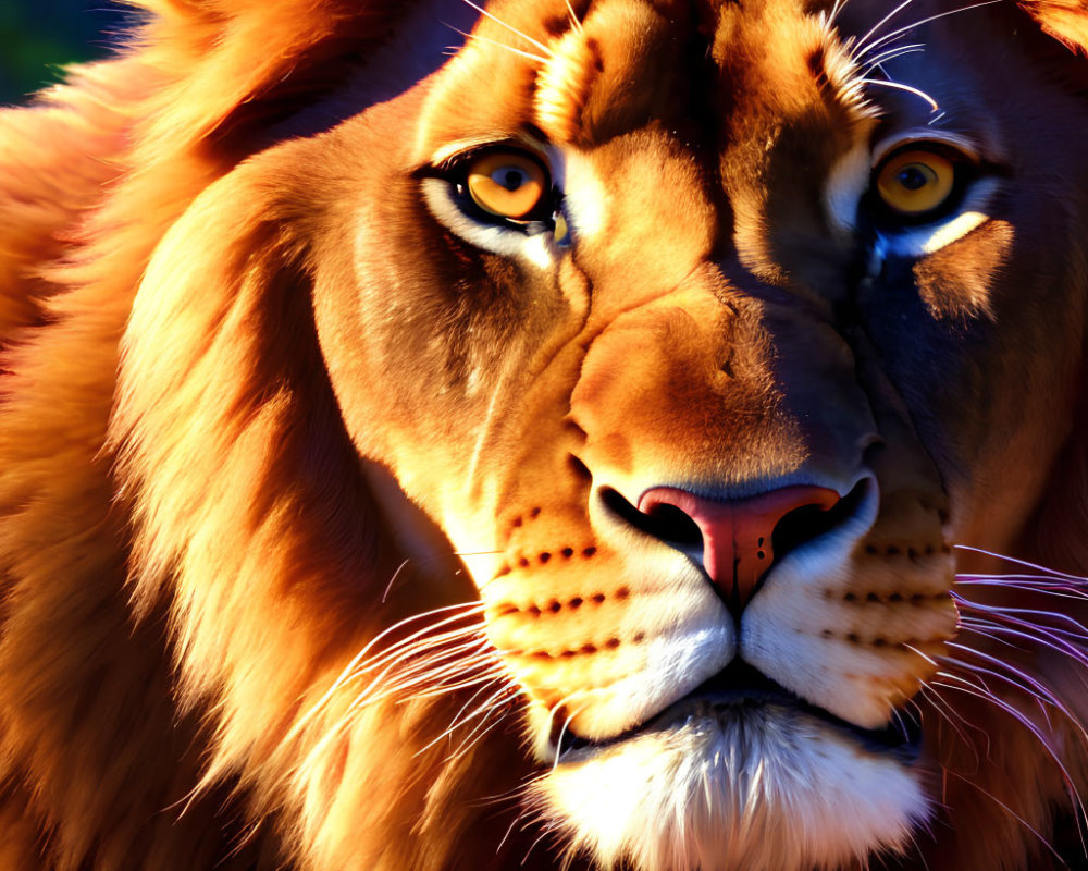 Majestic lion with intense amber eyes and detailed mane in sunlight