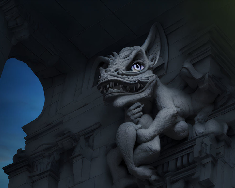 Stone gargoyle perched on ornate building under moonlit sky