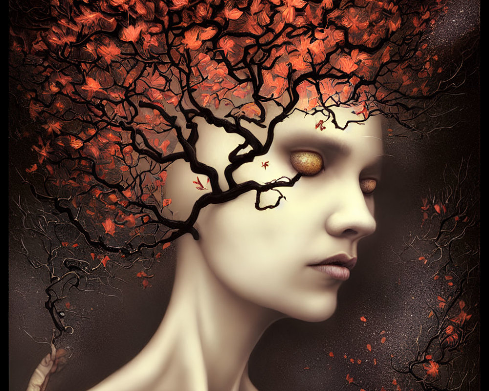 Portrait of person with tree hair: fiery orange leaves, golden eye, mystical autumnal vibe