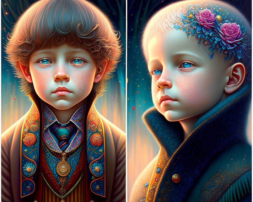 Stylized portraits of children in vintage clothing against night backdrop