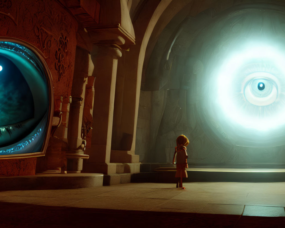 Child standing in dimly-lit hall faces luminous eye in circular frame