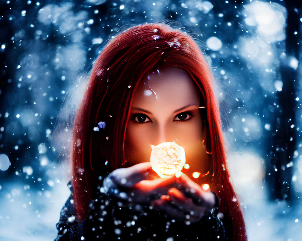 Red-haired woman holding glowing orb in snowy mystical setting