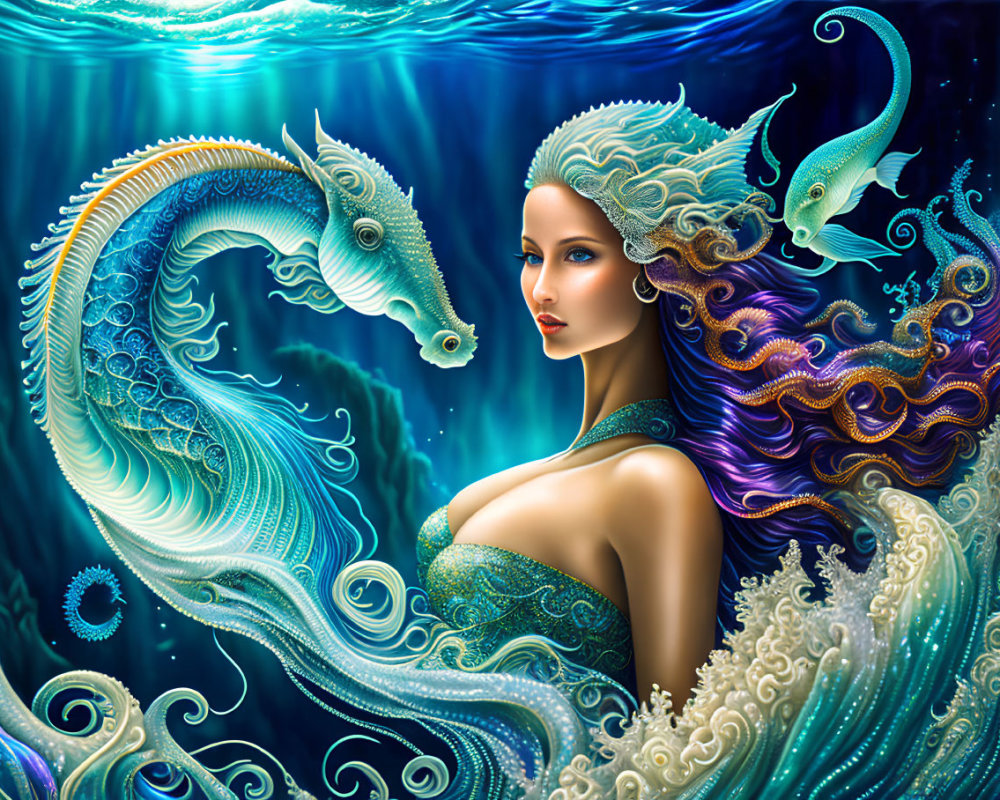 Intricate aqua-toned mermaid illustration with seahorses in underwater scene