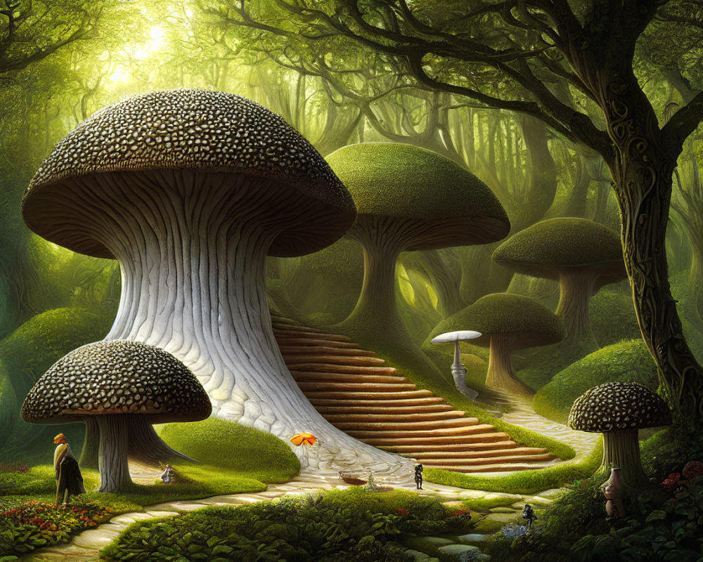 Fantastical forest scene with oversized mushrooms, staircase, small figures, and glowing sunlight.