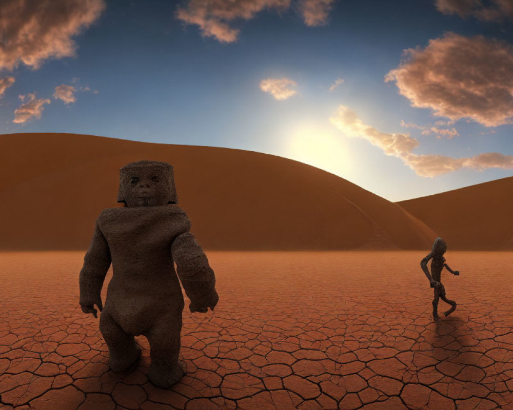 Humanoid Sculptures in Desert Landscape at Sunset