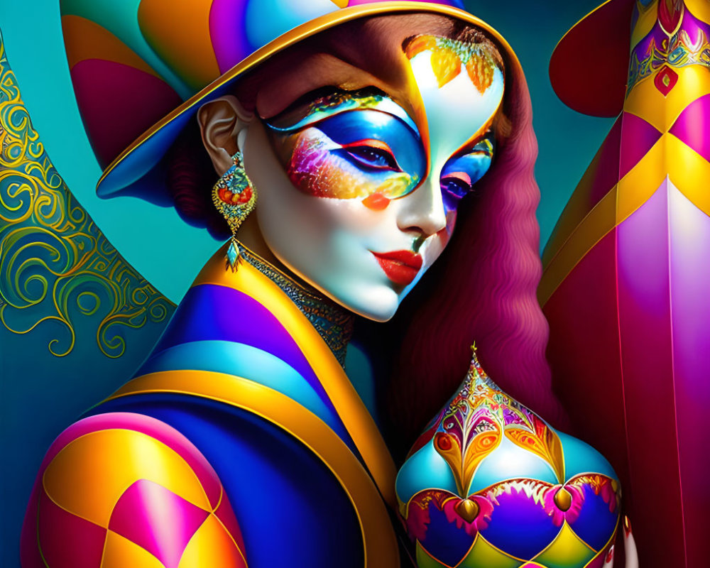 Colorful digital art: woman in jester hat with ornate mask makeup holding intricate object