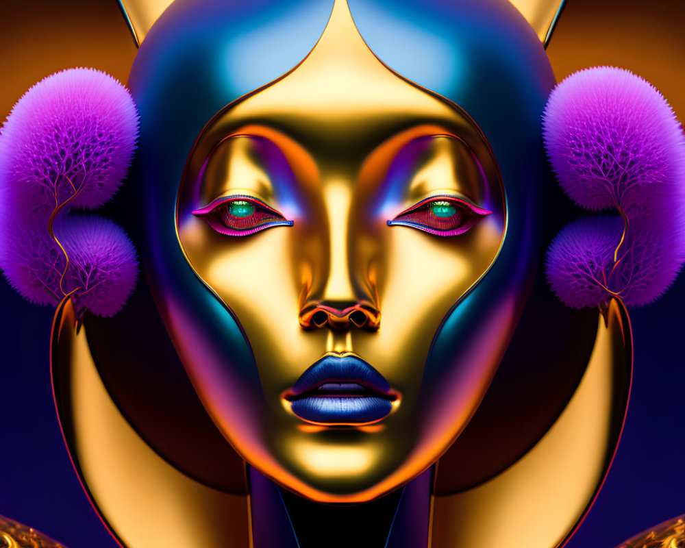 Digital art portrait of female figure with golden skin and vibrant eyes, adorned with stylized headdress and