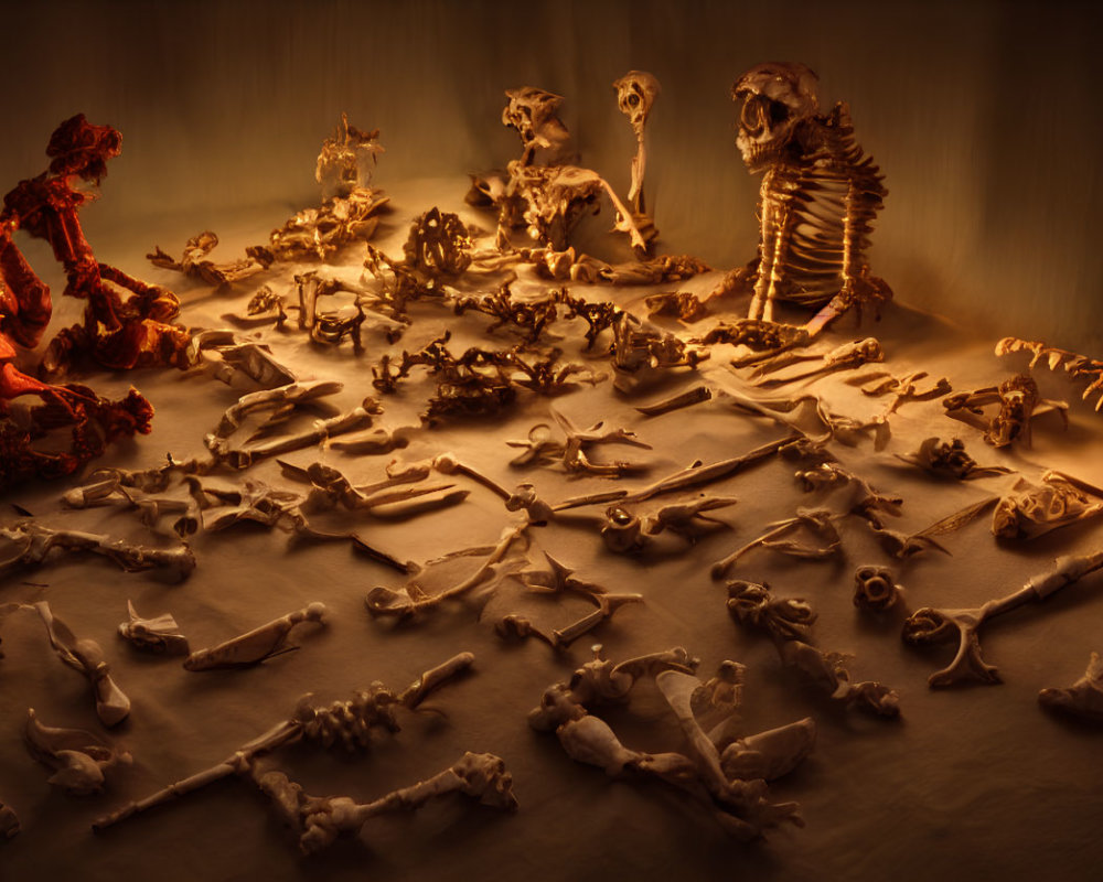 Dimly Lit Scene with Animal Skeletons and Red Skeleton Figure