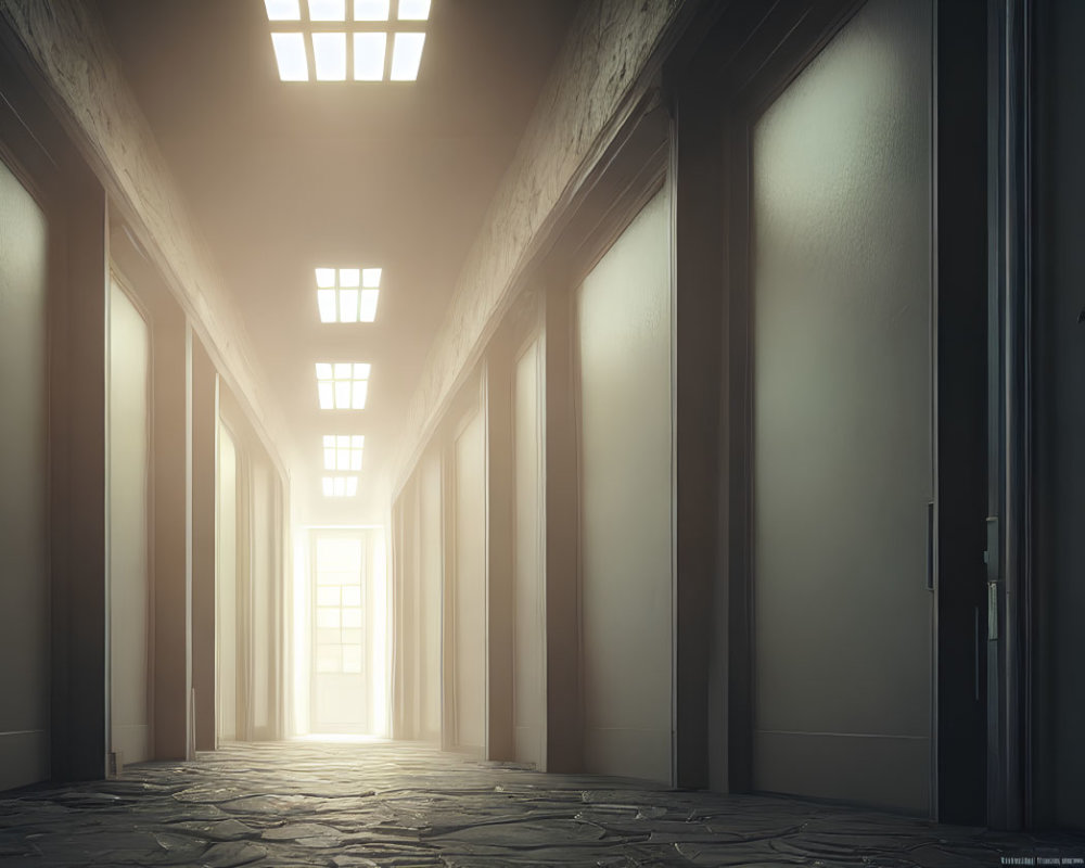 Bright Hallway with Doors and Sunlit Stone Floor