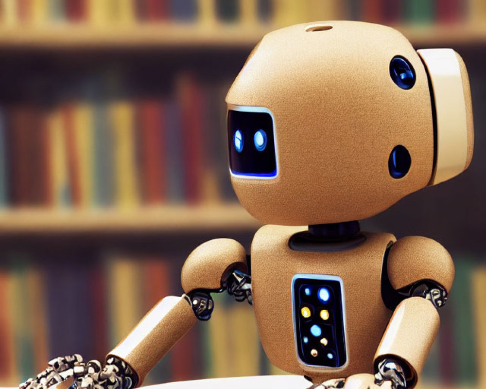 Brown humanoid robot reading book at desk with bookshelves in background