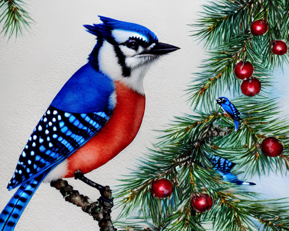 Detailed illustration of blue jay on pine branch with red berries