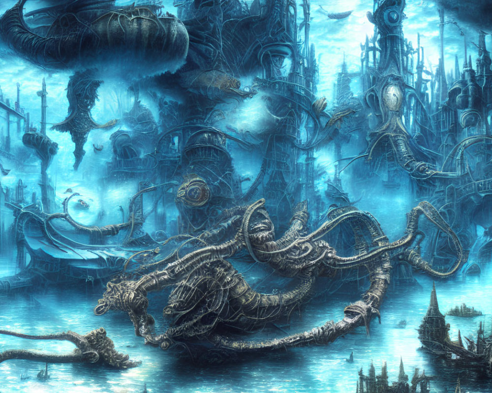 Intricate underwater cityscape with mechanical dragon and creatures amid swirling waters