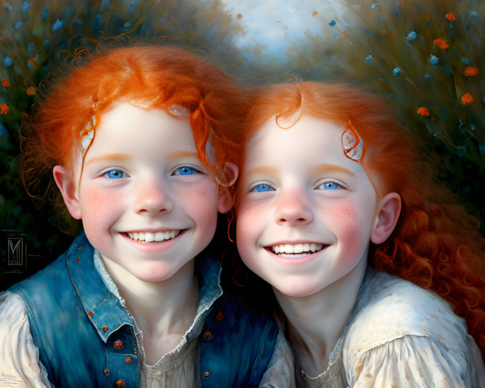 Smiling children with red hair and freckles in sunny, floral scene