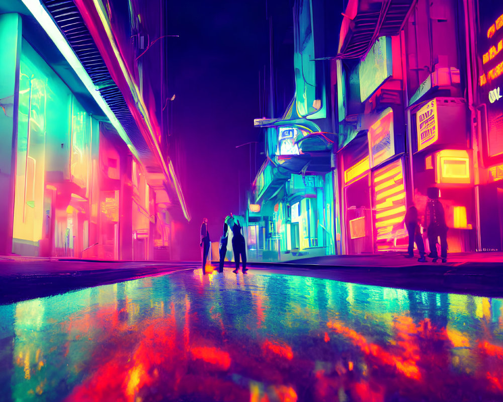 Neon-lit city street at night with silhouetted pedestrians