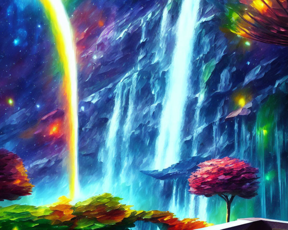 Colorful fantasy landscape with waterfall, rainbow, and nebula sky