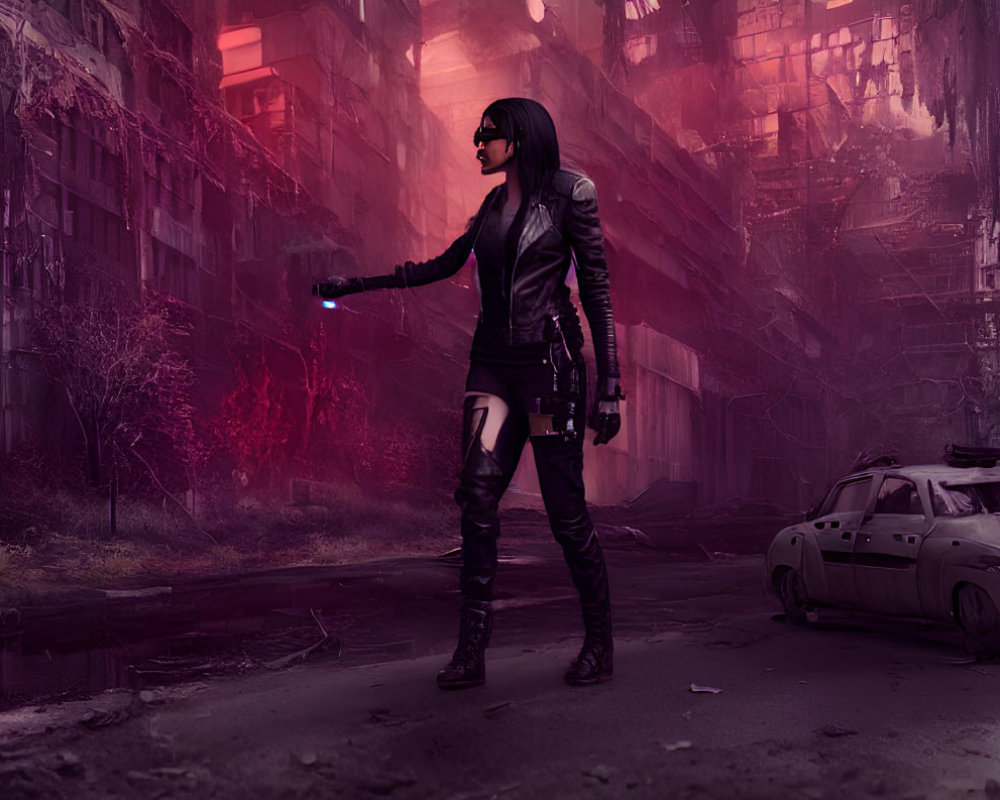 Woman in black outfit in dystopian cityscape with ruined buildings and wrecked car holding glowing blue device