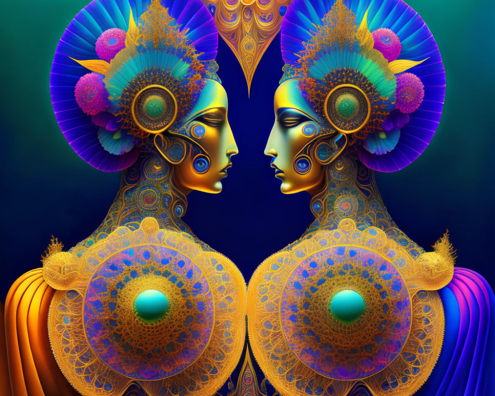 Symmetrical digital art with mirrored figures in golden and peacock-blue attire