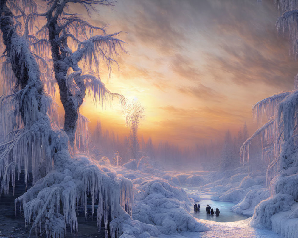 Frozen wintry landscape at sunrise with icy trees, frozen river, and distant silhouettes in warm