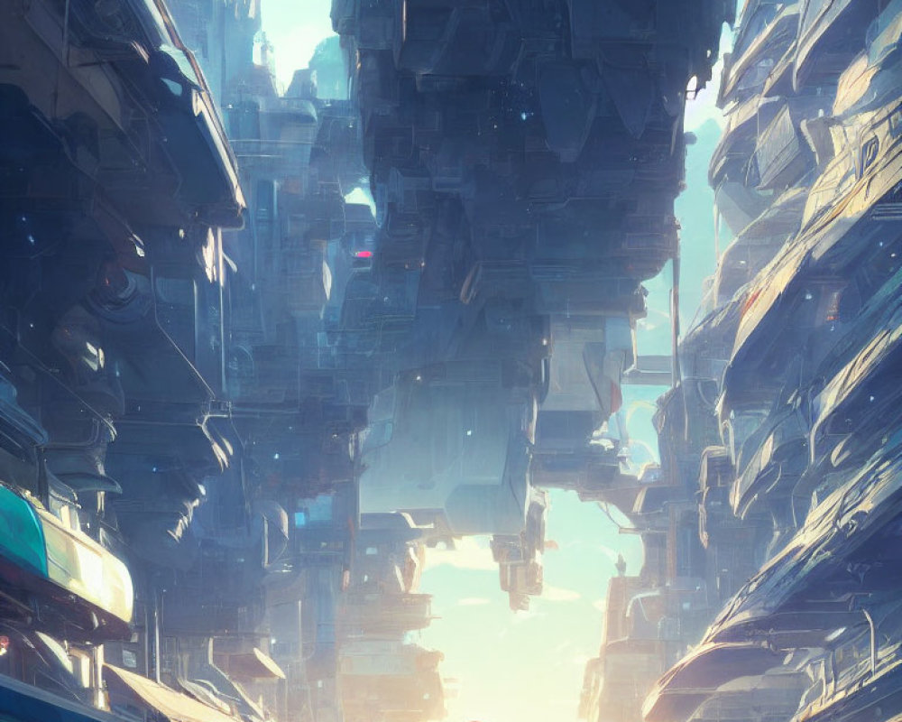 Towering futuristic structures in dense cityscape.