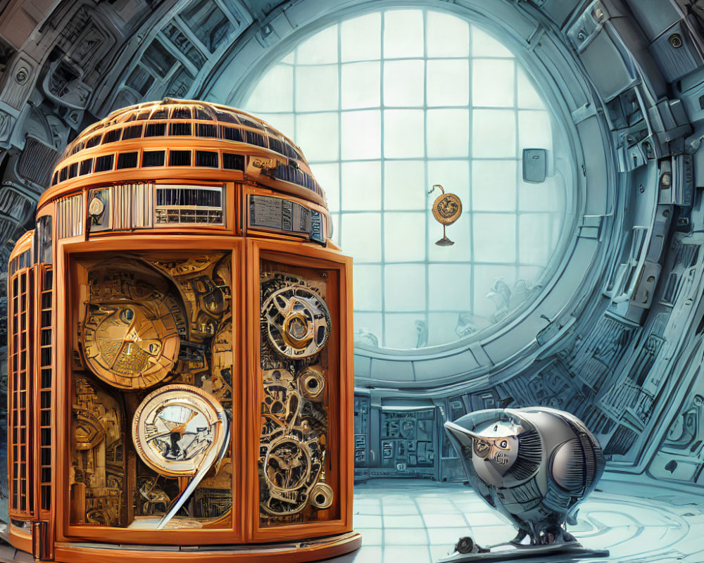 Futuristic room with steampunk owl and clockwork jukebox under illuminated window