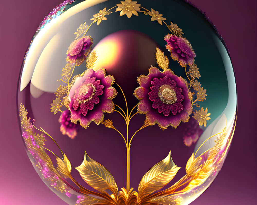 Colorful digital illustration: Glass sphere with golden floral patterns and purple flowers on purple backdrop