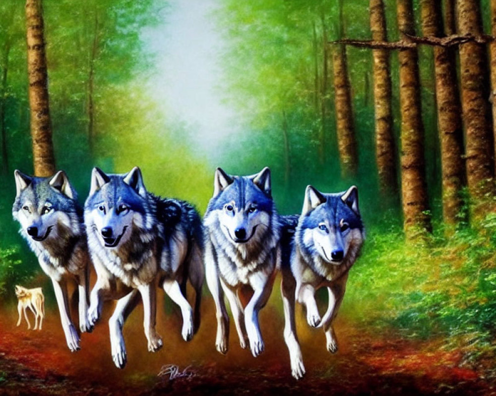 Pack of Wolves Running in Green Forest with Small White Figure