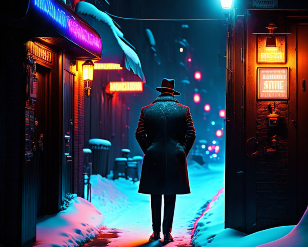 Person in trench coat and hat on snowy street at night with neon-lit shop signs and glowing lights