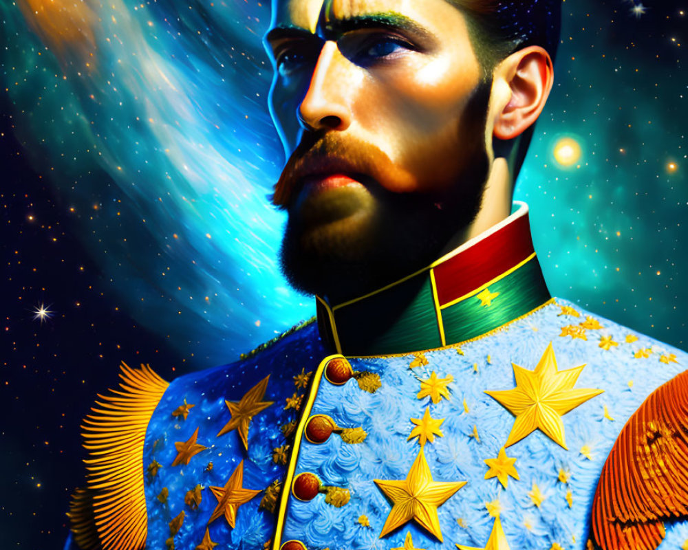 Man with Beard in Decorative Uniform Amid Cosmic Galaxies