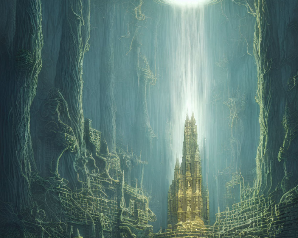 Subterranean city with towering structures and roots under a beam of light