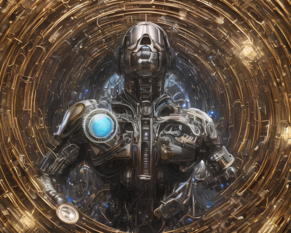 Futuristic robotic figure in intricate armor against golden circular background