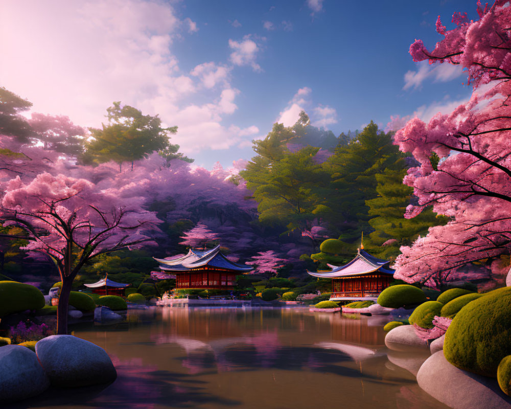 Japanese Garden with Cherry Blossoms, Pavilions, and Tranquil Pond