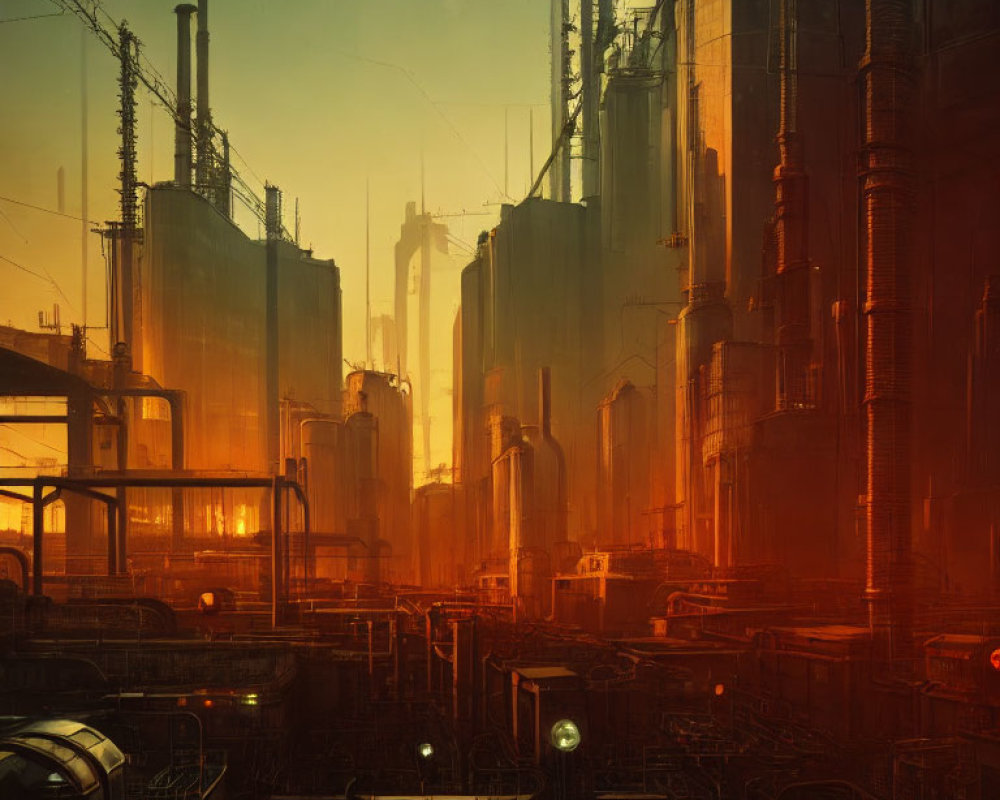 Dystopian cityscape at dusk with towering industrial structures in a polluted atmosphere