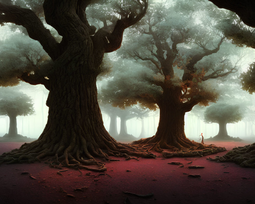 Misty forest scene with old trees, roots, and red foliage