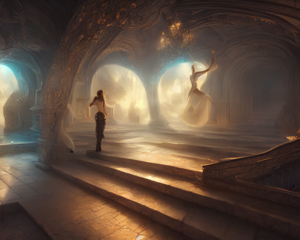 Ornate hall with arches and sculptures, person gazes at ethereal figure in glowing portal