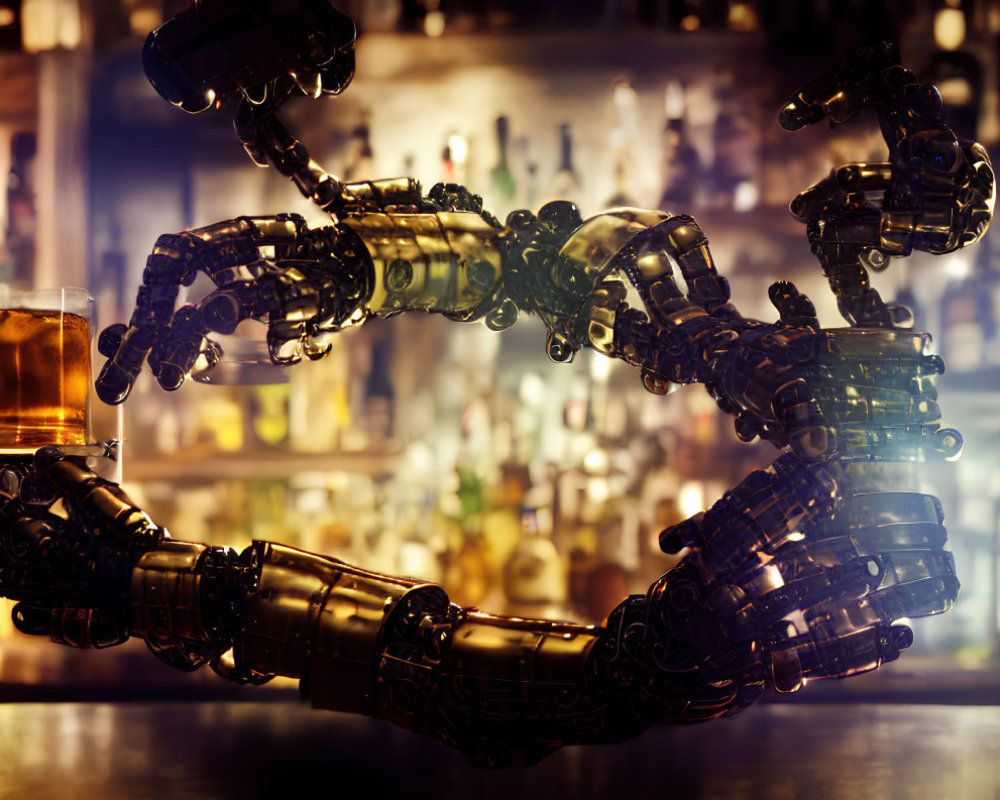 Robotic arms serving whiskey in futuristic bar setting