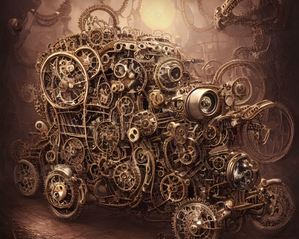 Intricate Steampunk Gears and Mechanical Parts on Sepia Background