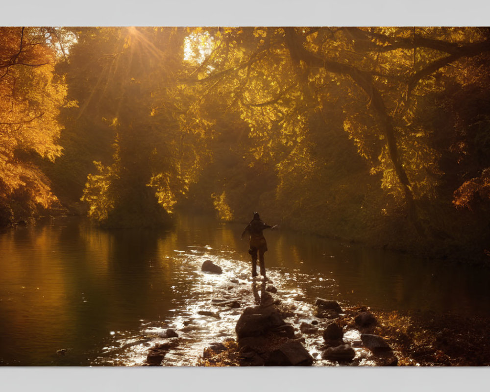 Person Standing on Rock Path Over Serene River in Autumn Light