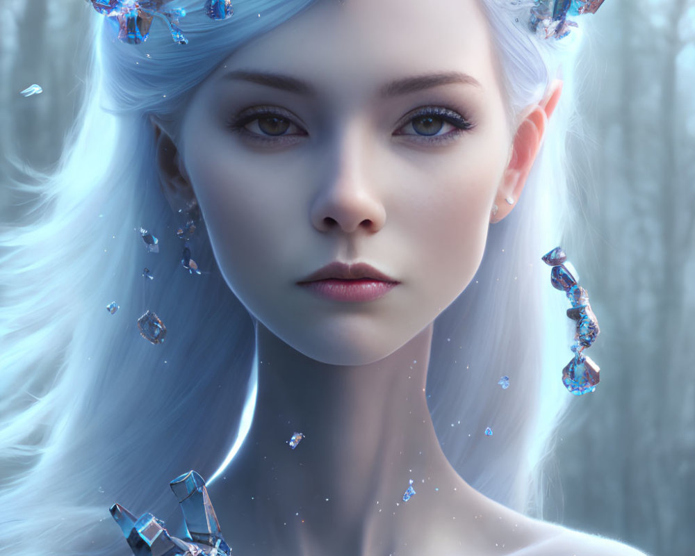 Digital artwork featuring woman with pale skin, icy blue eyes, long silver hair, and crystal crown.