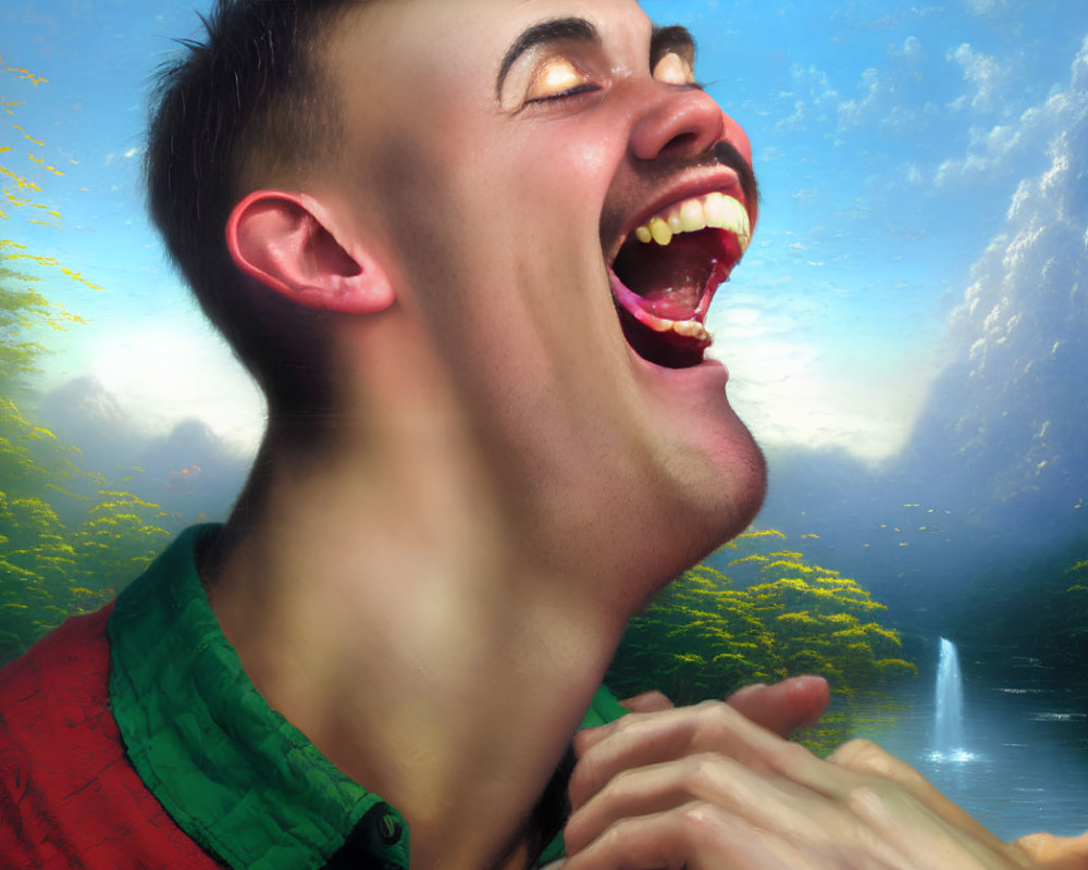 Young man laughing in serene nature setting