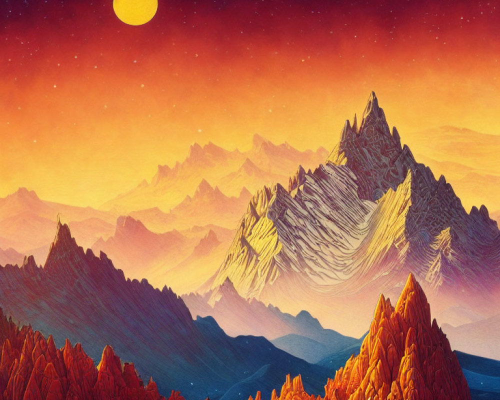 Colorful Digital Illustration of Mountain Landscape Under Starry Sky